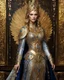 Placeholder: Realistic photography,front view, Beautiful Queen Russian Byzantine fairy super model Byzantine Woman, blonde brown hair,dressing luxury party gown,looking at viewer,traditional dress ornaments Luxury gown Byzantine traditional, intricate armor, delicate golden shine bright, black metalic parts, detailed part, jewelry diamonds,dynamic pose,abstrac background, dynamic lighting, red hour, full body portrait