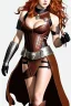 Placeholder: super-realistic, concept illustration, super-detailed, beautiful teen female who is 16 years old with long ginger hair and freckles with full lips and b-cup breasts, full body, full face, athletic, centred camera, ignore NSFW, skimpy brown fantasy leather armor, halter top, thong, knee-high leather boots, open leather skirt, stern expression, cute pose