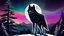 Placeholder: humanoid looking wolf, turning to face you, dark forest background, glowing eyes. staring, starry night sky, dark rainbow gradient sky, standing at the top of a mountain, howling to the moon