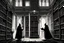 Placeholder: two cardinal priest, silhouette, library office, desk, interior, secret corridor, medieval, illustration,