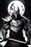 Placeholder: The character, depicted in a striking white armour against a dark wintry backdrop stands with his hands behind his back inside the scene, he has a red and black circular symbol on his chest like a shield, a black pointed spear with a red handle on his back, His eyes are showing a dynamic yet menacing expression and he wears a black oni mask with white teeth covering the bottom part of his mouth he has brown shoulder pads and a white karate belt with a bag attached to it. He has dark brown hair.