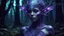 Placeholder: holographic glitch imitation, alien xenobiotic girl with beautiful purple body against dark night forest, split toning effect, subsurface gaussian scattering, dark fantasy, dark botany, photorealistic image, super detail, artistic elven fantasy, filigree, dark botany, ultra detail, dark botany, photorealistic image