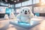 Placeholder: cute fluffy chibi ice bear on an exhibition room with electronic stands in sunshine