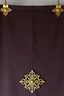 Placeholder: darker textured hanging fabric background with decorative brass corners at top, and a wide brass decorative element clamped across the bottom