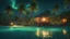 Placeholder: Idyllic lush green lagoon bioluminescent with palm trees and tree house with a glow from the inside a couple in love and dancing on the lagoon’s beach in 8k realistic water and real cozy look