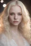 Placeholder: Photorealistic and detailed portrait: 19 year-old albino amina ependieva. heterochromia like amina ependievas eyes ghostly blonde hair in long, luxurious wispy waves ghostly blonde eyebrows ghostly blonde eyelashes buxom, tight cleavage luscious lips white edwardian blouse, lace dress fairy lights, perfect airbrush, realistic eyes, intricate stunning highly detailed photo of a girl by amina arsakova.