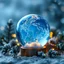 Placeholder: all World Map Globe xmas crystal Ball in Blue-white Colors and little warm lights around, blur background with snowflakes , and pines, intricate details, beautifully shot, hyperrealistic, sharp focus, 64 megapixels, perfect composition