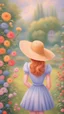 Placeholder: Painting of Anne Shirley standing from behind in a garden, young girl, oil painting, beautiful painting, dream, garden background, Anne Shirley standing from behind, she put a summer hat on her head, illustration, colorful, fantasy painting, gouache painting,vintage, 1940s, inspired oil painting by Jeremiah Ketner