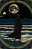 Placeholder: Dominikanermönch in schwarzer Kleidung läuft auf dem Meer, im Himmel sind die Sterne und der Vollmond zu sehen, im Jugendstil.