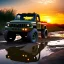 Placeholder: stylized hyperrealistic shot, muddy aggressive military toy truck, monotone color palette, sharp focus, puddle reflection, tire water splash, refraction, mist on the horizon, sunset, rocks background, detailed and intricate, cinematic composition, micro, tilt shift photography