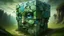 Placeholder: A surreal, dreamlike landscape with a cracked, segmented cube structure at its center. The cube appears to be made of jade or a similar green, weathered stone, and it forms a colossal face with striking blue eyes. Multiple faces are visible, emerging from the fractured facets of the cube, creating a disorienting, multi-dimensional effect. The surrounding environment is a barren, sandy desert under a bright blue sky dotted with fluffy white clouds. In the distance, tiny figures of people can be s