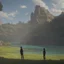 Placeholder: In the anime, a young male character with a young female character is near the green lake in the sunset afternoon.