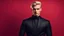 Placeholder: Beautiful fashionable blonde man in a black evening dress on a red background. Fashion man cloth flyer design. Beauty, fashion. Advertisement concept.