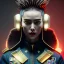 Placeholder: medium shot portrait, a monstress, wearing a denim jacket, realistic face, soft, red spiked hairstyle, delicate, green square eyes, intricate gold details on face, cyberpunk, powerful, horror, sharp focus, octane render, post-processing, epic composition, elegant, studio lighting, fiona staples, mandy jurgens, david finch, guillermo del toro