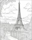 Placeholder: a coloring page, depicting the Eiffel tower in France, full page, black and white, line art, outline, highly defined lines,