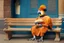 Placeholder: Half parrot half human in a 1700s Orange Dutch uniform siting on a bench in a Dutch city eating a loaf of bread