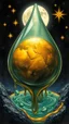 Placeholder: art illustration in the style of Luis Royo, large droplets of viscous and syrupy fluid, burnished jade, planet earth in crystal shape with the golden mars and crystal white transparent moon , and glowing stars in the background with golden yellow, ink black