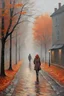 Placeholder: impressionism, oil, heavy impasto: dull and dreary deserted wet autumn cobbled grey street in a small town, heavy fog, trees, single fallen leaf on road, leaf in shades of pale orange and copper-red,autumn depression, a man and a woman walking , melancholic vibe, unsaturated colors, faded palette, ground level view, deep low wide angle, a train track by the side of the city