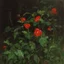 Placeholder: red flowers and vegetations, forest, doom, creepy, gloomy, gothic dark influence, john singer sargent paintings, and gustave caillebotte paintings