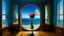 Placeholder: A surreal painting depicts a giant apple with a woman inside, occupying almost an entire room. The room has a window overlooking a calm blue sea.