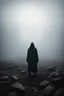 Placeholder: A hooded shadow standing in A rocky wasteland surrounded by fog