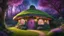 Placeholder: hobbit cottage in the woods surrounded by trees with fairy lights with a whimsical like feel, with pinks, blues, purple colors, circular door, circular windows, green grass roof, illustration