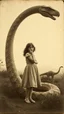 Placeholder: An old picture style of brown and white mono tone picture very bad quality looks very old camera picture of a girl surrounded by a giant creature looks like a snake the year 1900 in the background from a distance dinosaurs