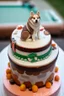 Placeholder: Birthday cake topped with a pool table, apricot tree and a husky dog