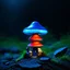 Placeholder: "Close up of a wonderful tiny Mushroom Tower home. blue and red with bright white, deep black and contrasting tones of gray. Illuminated bioluminescent forest. Professional painter, master at composition. small but detailed. broken, blurred background, voluminous lighting"