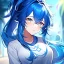 Placeholder: Clear focus, 8k, beautiful lighting, vibrant colors, girl, blue hair, long hair, vibrant white eyes, ponytail, messy hair,