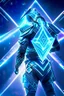 Placeholder: neon blue, floating triangle of light orbiting behind the back, cyber armor, geometric patterns on armor, male, orbiting triangle