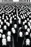 Placeholder: "A conceptual black-and-white digital illustration of a massive faceless crowd, walking in the same direction, heads down, symbolizing conformity. The atmosphere feels lifeless and repetitive, emphasizing the ordinary mindset of the majority."