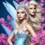 Placeholder: Fantasy fairy with transparent wings, smiling, make up, long platinum blond hair with crown and flowers, blue dress, flowering background