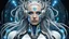 Placeholder: stands An android-mutant woman with long white-blue swirlings hair, a biomechanical mutant with sky-blue eyes, white shiny robot body with some blue led, she name the AI-Medusa. The woman with like snakes of hair, the wirling with blue-white hair, she stands in the futuristic office, stunning, mystic and sci-fi mix creature, high detalied, sharp focus, perfect beauty, professional photo