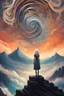 Placeholder: Book cover art. The sky is full of spirals. A girl with silver hair is standing on a mountain surrounded by an ocean.