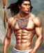 Placeholder: native american warrior, long black hair, big muscles, magic crystal neckless , shirtless