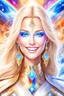 Placeholder: cosmic woman smile, admiral from the future, one fine whole face, crystalline skin, expressive blue eyes,rainbow, smiling lips, very nice smile, costume pleiadian, Beautiful tall woman pleiadian Galactic commander, ship, perfect datailed golden galactic suit, high rank, long blond hair, hand whit five perfect detailed finger, amazing big blue eyes, smilling mouth, high drfinition lips, cosmic happiness, bright colors, blue, pink, gold, jewels, realist, high,rainbow commander