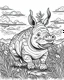 Placeholder: create a 2d black outline, "safari smiling cartoon rhinoceros coloring book for adults", coloring page, low details design, black contour, coloring page design, simple background, colorful , card style, coloring page for kids, white background, sketch style, safari landscape, cartoon style