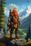 Placeholder: Realistisches Bild von einem DnD Charakters. Männlichen Zwerg mit orangenem Haaren. Er steht im Wald mit Bergen im Hintergrund.