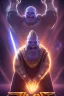 Placeholder: Thanos is the god of power and evil The commander wears a black cloak and a long coat with long combat boots and a long spear with a hat under his cloak with blue flame eyes, a sword like a spear The sun in the palm of a brave man in the middle of the desert