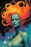 Placeholder: create an imaginative amorphous female extraterrestrial being with finely detailed facial features, sinuous tentacle hair, filming the exploding chaos of a dying star, in the comic book art style of Bill Sienkiewicz, Mike Mignola, and Jean Giraud Moebius, finely textured, drawn, colored, and inked