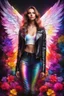 Placeholder: Gorgeous Realistic Photography Super Model European Beautiful Woman as Angel with clothing abstracts flowers luxury casual leather jacket dressing painting art neons rainbow colors glowing in the dark and colorful details, light leaks boleh colors,flowers background