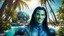 Placeholder: beautiful gorgeous young man na'vi with long hair, Avatar, blue skin, two small ears, green eyes, black hair, in cosmic suit, galactic ambiance, smiling, with spaceship and planets and palm trees and clear crystaline cosmic beach in background