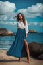 Placeholder: young lady wearing beautiful maxi blue skirt and elegant long shirt standing in beach posing to camera ,upper body shot,ships in sea ,blue sky nice clouds in background