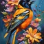 Placeholder: vibrant and energetic painting featuring a Baltimore Oriole a side profile, adorned with an array of colorful flowers. The bird's eyes are detailed and expressive, capturing its lively spirit.