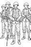 Placeholder: Outline art for coloring page OF A SET OF SMALL AMERICAN TOY ARMY SOLDIERS, coloring page, white background, Sketch style, only use outline, clean line art, white background, no shadows, no shading, no color, clear, looking down at the scene