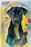 Placeholder: abstract watercolour of a black Labrador dog’s head in the style of paul klee with bifurcated circles