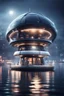 Placeholder: a misty catamaran dome modular house boat that looks like a dark twisted alien space ship with spotlights, in advanced hi tech dock, bokeh like f/0.8, tilt-shift lens 8k, high detail, smooth render, down-light, unreal engine, prize winning