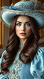 Placeholder: full body beautiful Fahriye Evcen actress with long hair and luxurious hat wearing light blue velvet dress with puffed sleeves and ornaments posing for fashion magazine cover, Photorealistic, soft facial features, 8k, Rococo style, intricate details, dramatic, vivid contrast, soft facial features, fresh colors