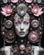 Placeholder: Neo Surrealism picture cyborg mechanical elements face in luxurious Beautiful steampunk venetian canial wite ad black bioluminescense& pink irridescensestyle close up woman cyborg mechanical face adorned mechanicals with pearl art,mollusk clocks headress with mollusk clocks colour water lily black irridescent flower wearing pearl art style mollusk gears ribbed costume metallic filigree venetian carnival style Golden dust make up, irridescent masque and costume organic bio spinal al ribbed bokeh